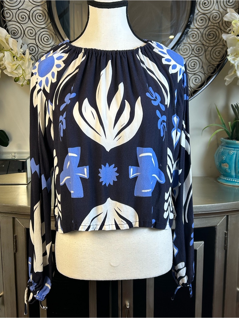 Fifteen Twenty Navy, Royal Blue & White Printed Peasant Blouse